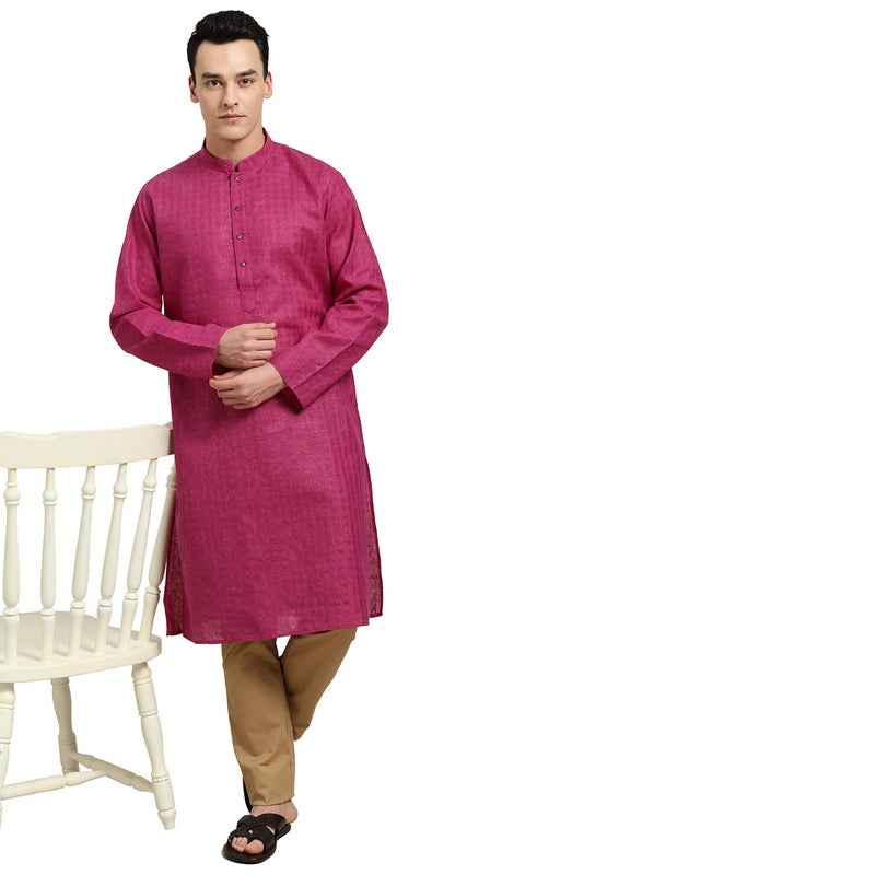 Sojanya (Since 1958 Men'S Cotton Linen Magenta Checked Only Long Kurta, Size 44 - Image 5